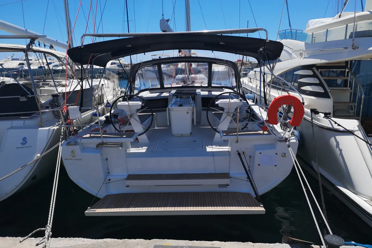 Cockpit of Amalthia, a Beneteau Oceanis 46.1 sailboat at Athens, Greece