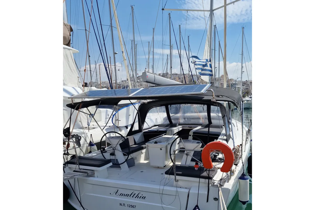 Deck of Amalthia, a Beneteau Oceanis 46.1 sailboat at Athens, Greece