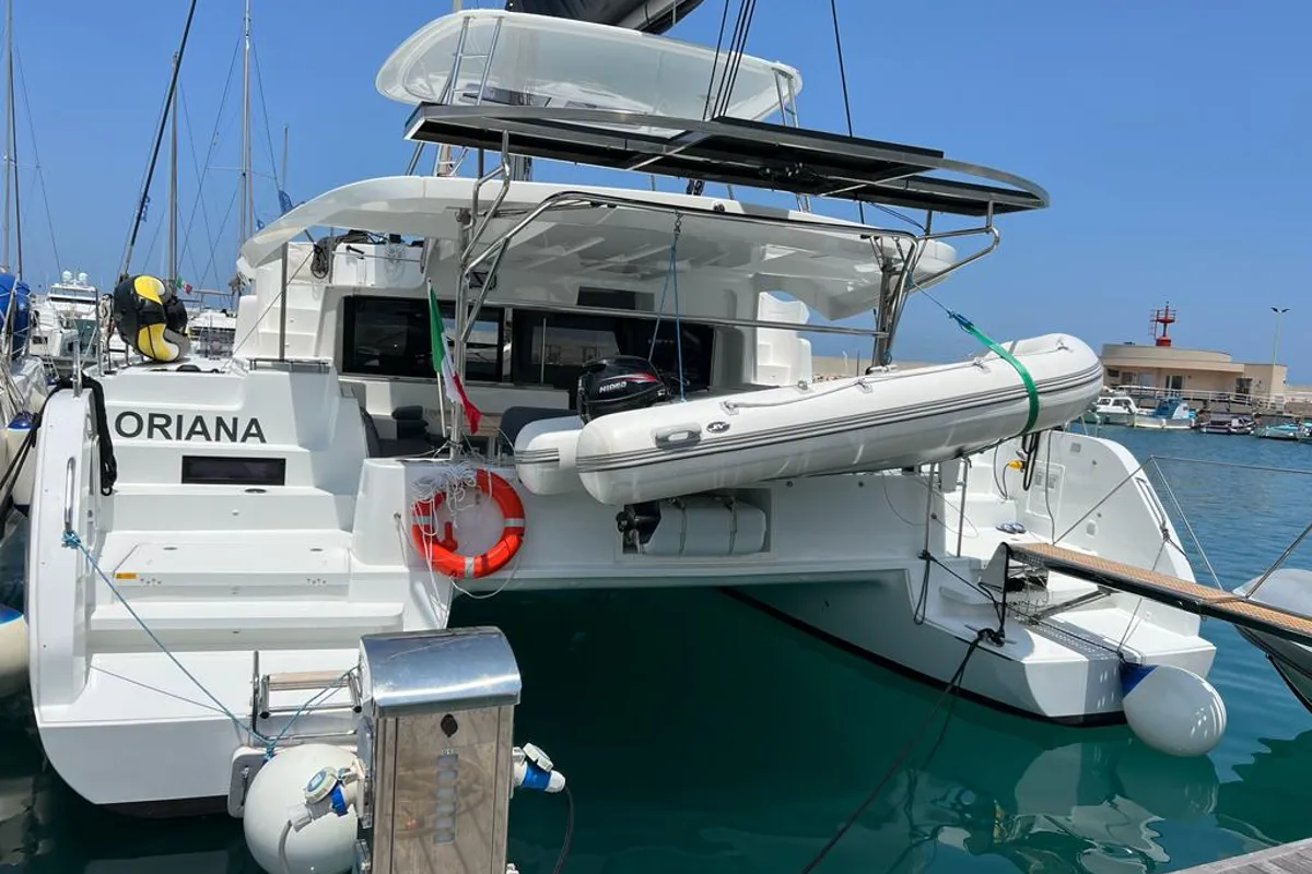 Exterior view of Oriana, a Lagoon 46 Fly catamaran at Capo d'Orlando, Italy