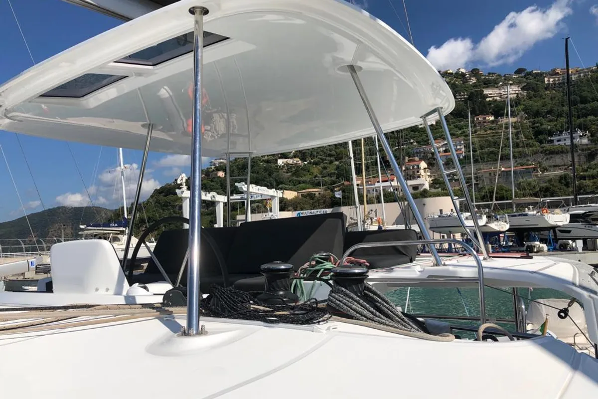 Deck of Oriana, a Lagoon 46 Fly catamaran at Capo d'Orlando, Italy