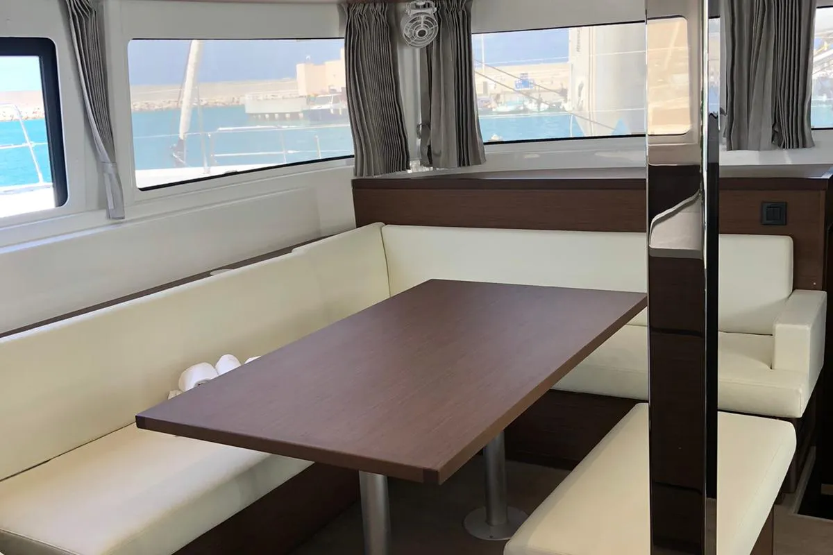 Salon of Oriana, a Lagoon 46 Fly catamaran at Capo d'Orlando, Italy