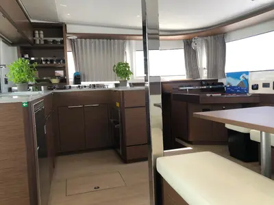 Salon of Oriana, a Lagoon 46 Fly catamaran at Capo d'Orlando, Italy