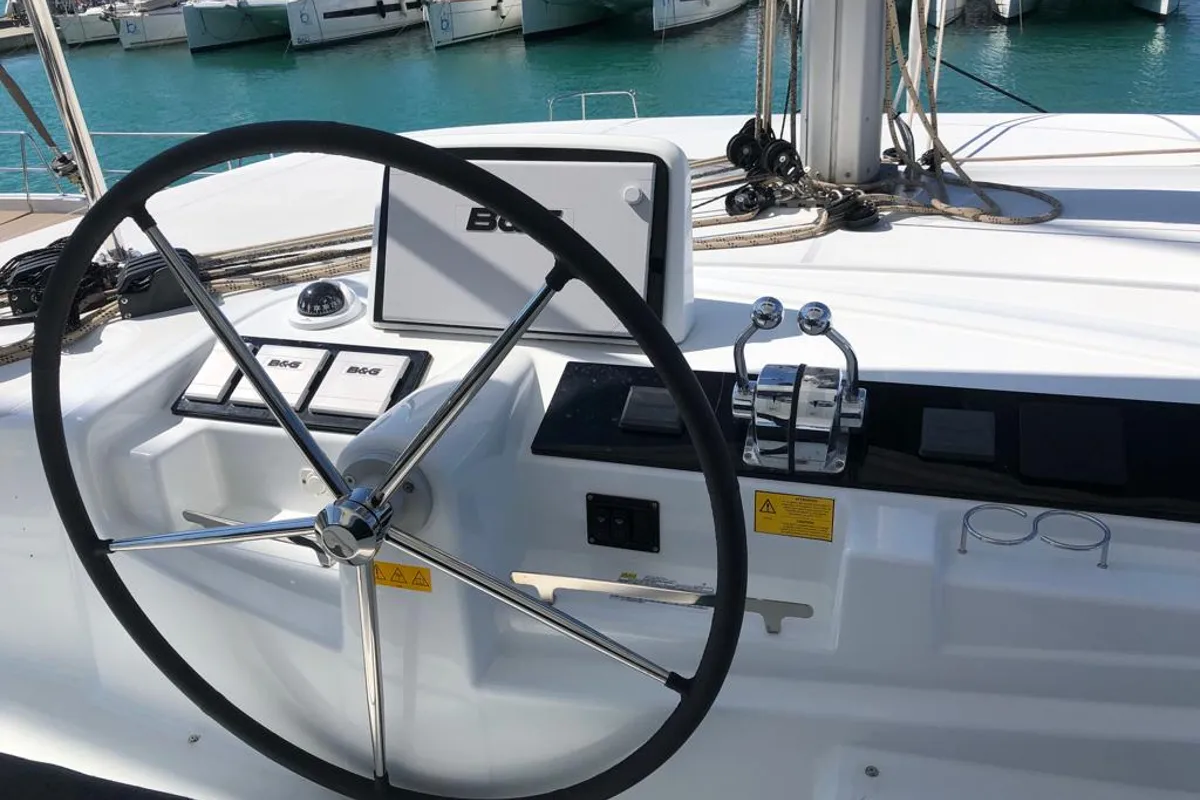 Cockpit of Oriana, a Lagoon 46 Fly catamaran at Capo d'Orlando, Italy