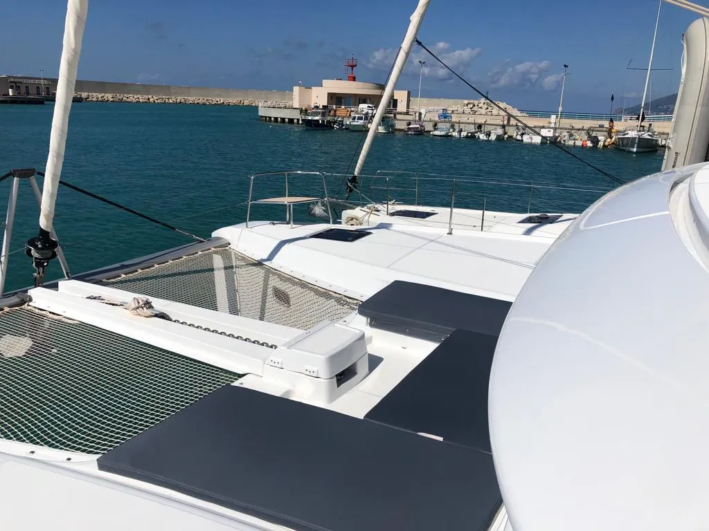 Deck of Oriana, a Lagoon 46 Fly catamaran at Capo d'Orlando, Italy