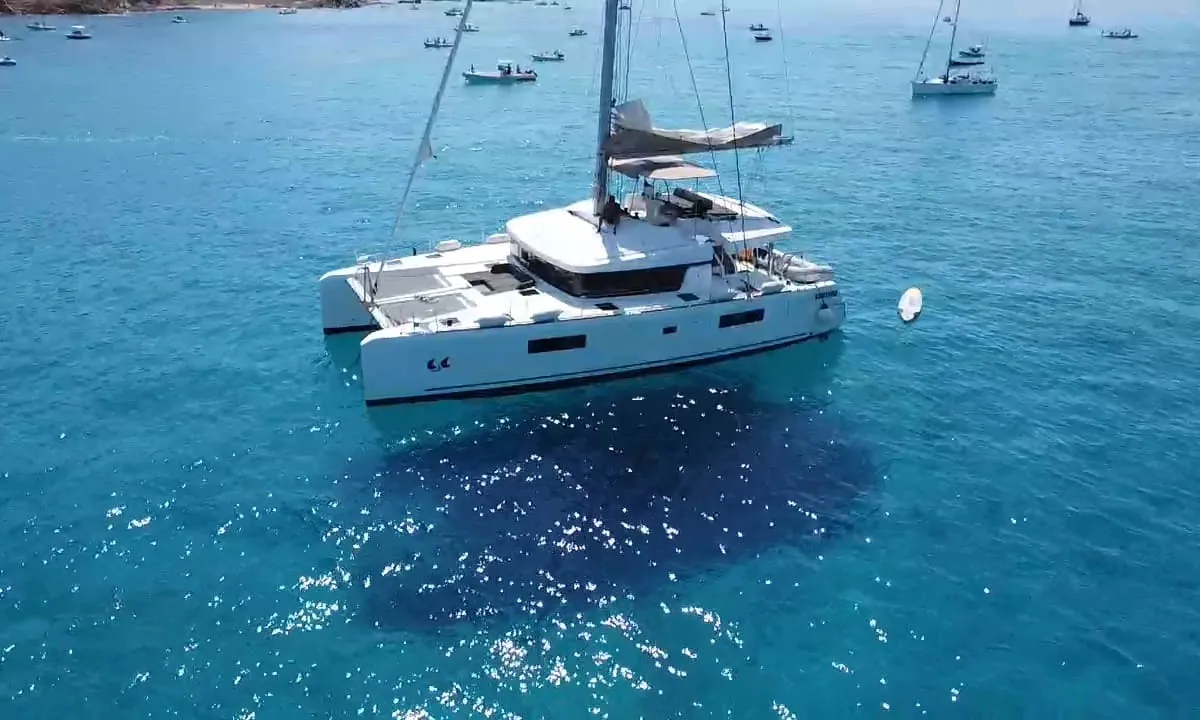 Exterior view of Cala Luna , a Lagoon 52F catamaran at Figari/Golfo Aranci, Italy