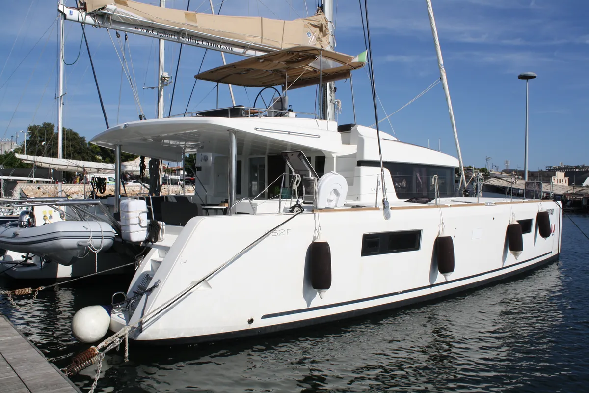 Exterior view of Cala Luna , a Lagoon 52F catamaran at Figari/Golfo Aranci, Italy