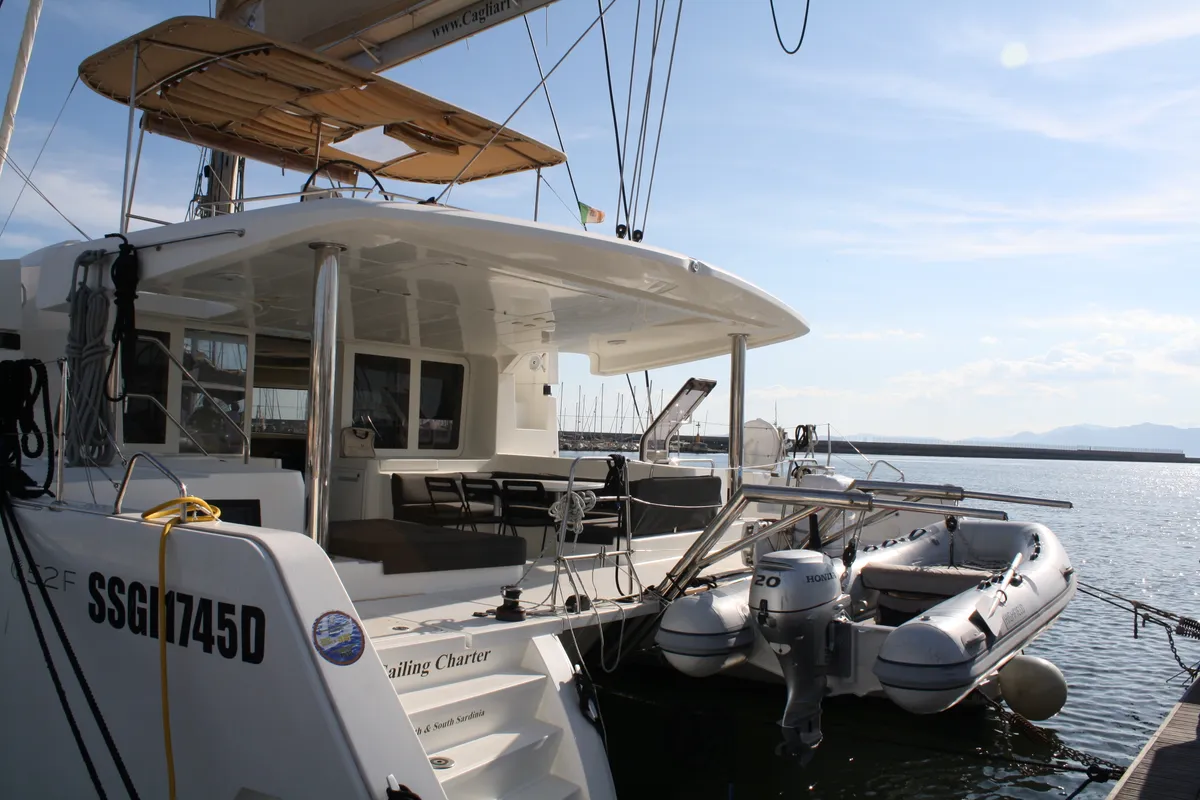 Exterior view of Cala Luna , a Lagoon 52F catamaran at Figari/Golfo Aranci, Italy