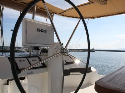 Cockpit of Cala Luna , a Lagoon 52F catamaran at Figari/Golfo Aranci, Italy