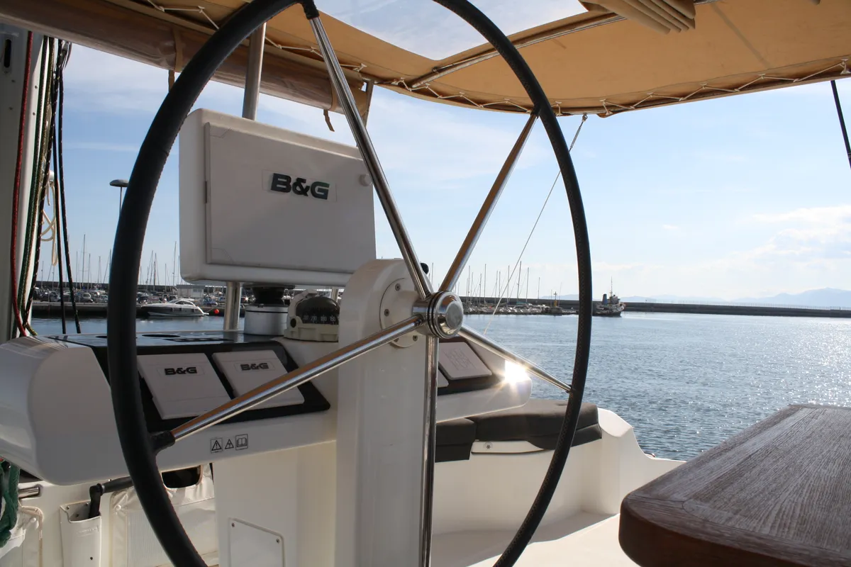 Cockpit of Cala Luna , a Lagoon 52F catamaran at Figari/Golfo Aranci, Italy