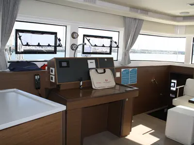Salon of Cala Luna , a Lagoon 52F catamaran at Figari/Golfo Aranci, Italy