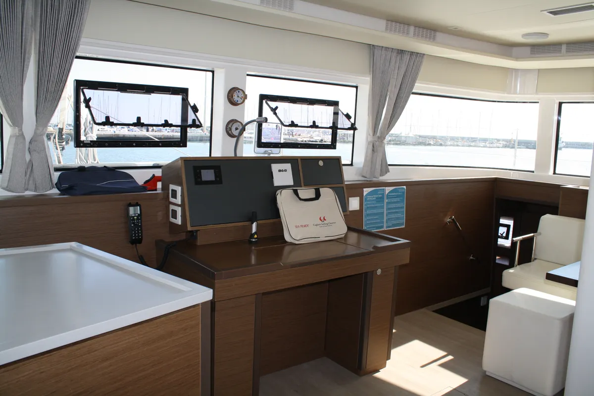 Salon of Cala Luna , a Lagoon 52F catamaran at Figari/Golfo Aranci, Italy