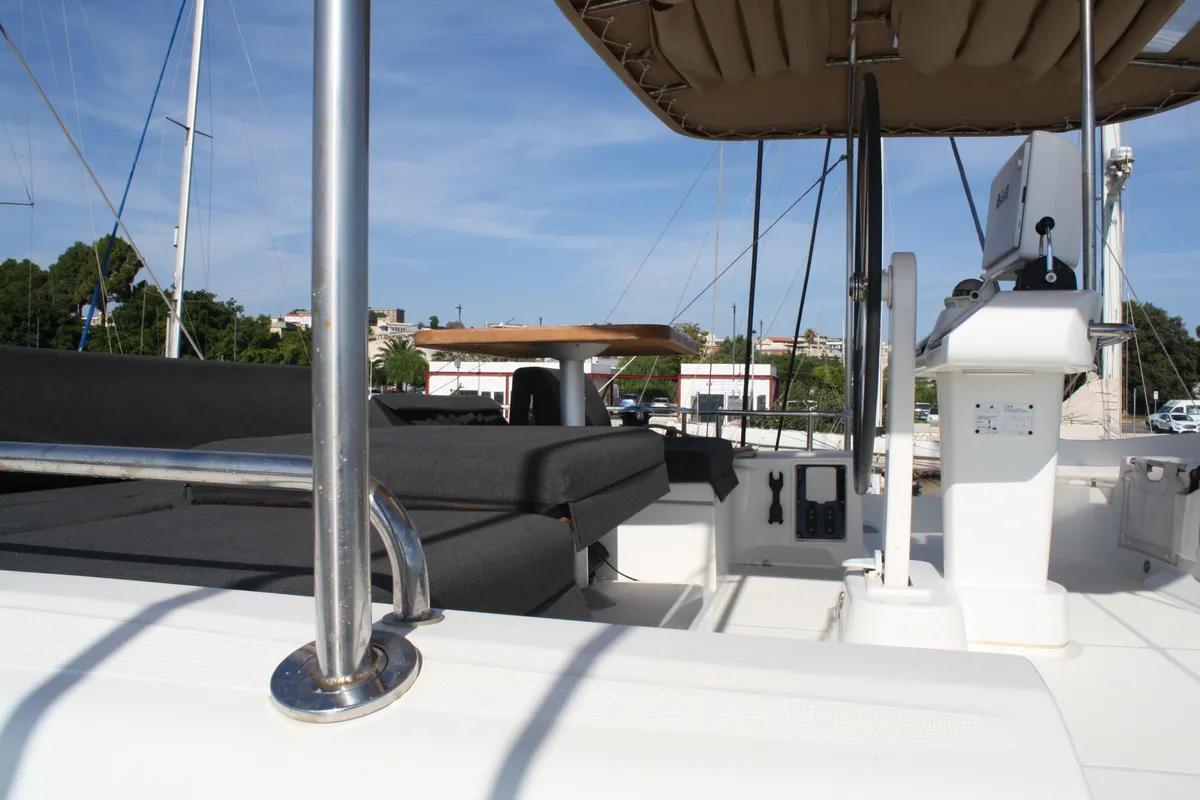 Deck of Cala Luna , a Lagoon 52F catamaran at Figari/Golfo Aranci, Italy