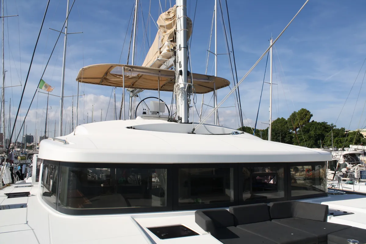 Cockpit of Cala Luna , a Lagoon 52F catamaran at Figari/Golfo Aranci, Italy