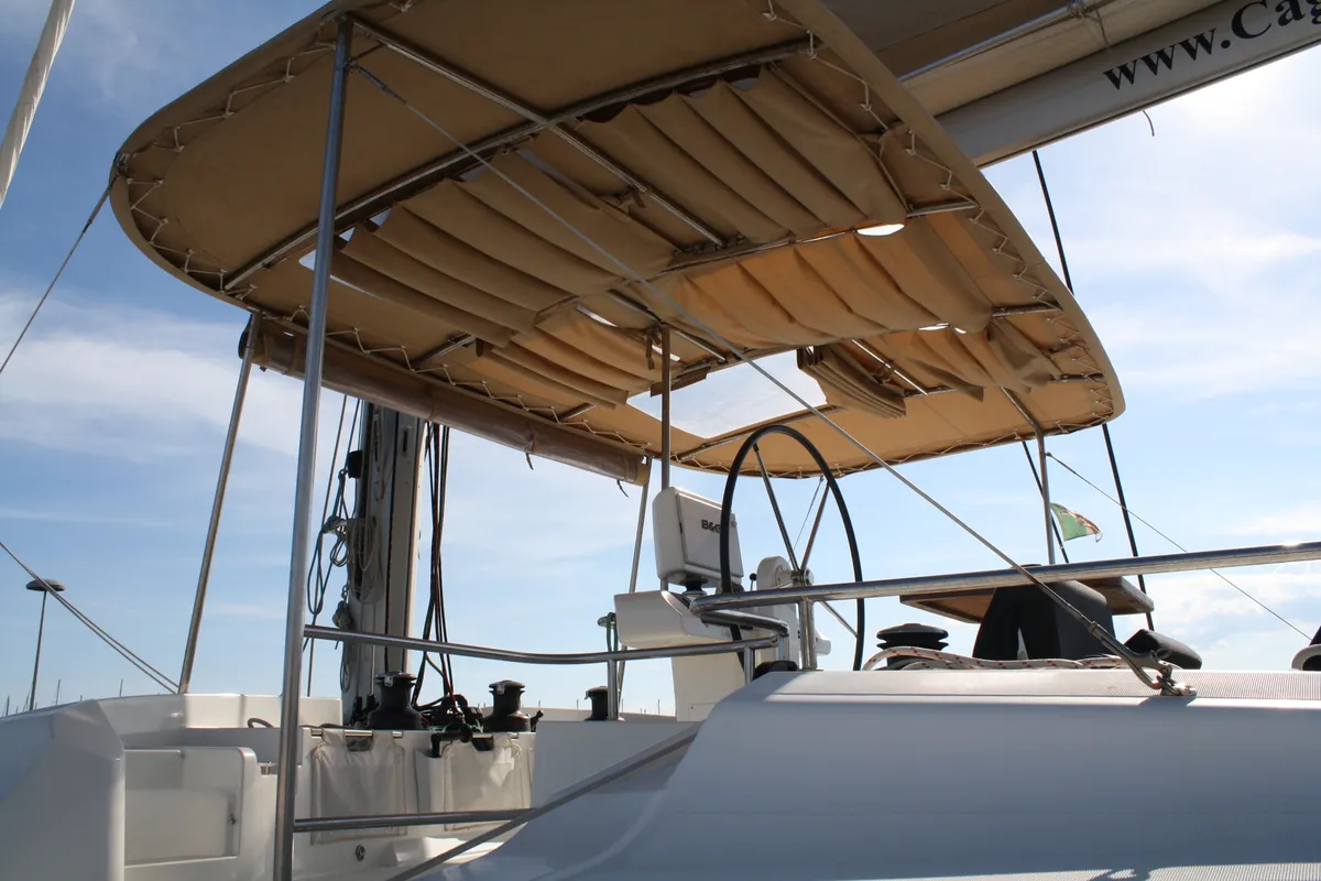 Cockpit of Cala Luna , a Lagoon 52F catamaran at Figari/Golfo Aranci, Italy