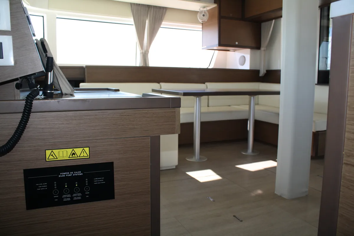 Salon of Cala Luna , a Lagoon 52F catamaran at Figari/Golfo Aranci, Italy