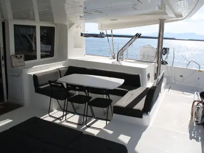 Deck of Cala Luna , a Lagoon 52F catamaran at Figari/Golfo Aranci, Italy