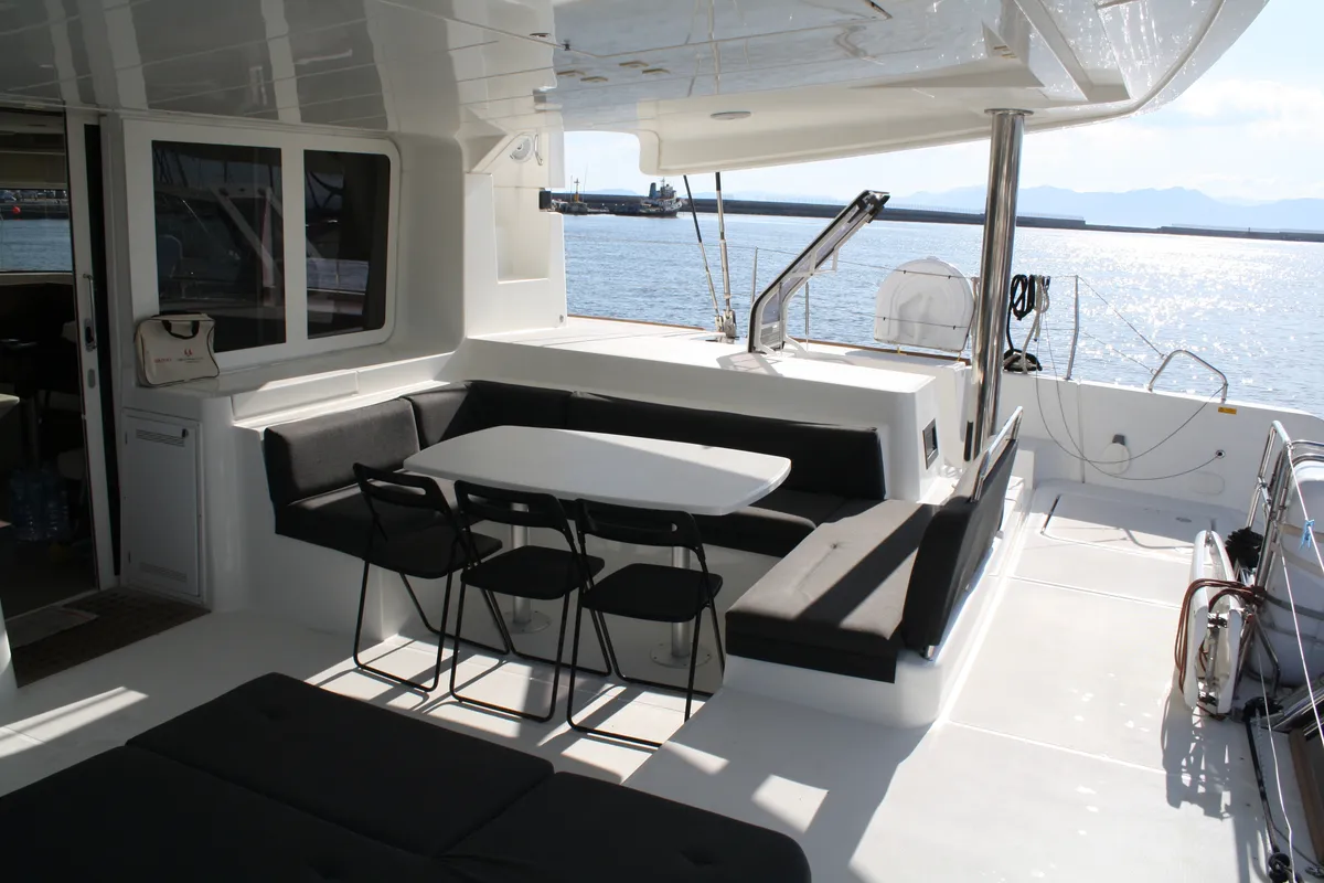 Deck of Cala Luna , a Lagoon 52F catamaran at Figari/Golfo Aranci, Italy