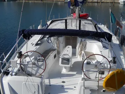 Cockpit of Galeodea, a Beneteau Cyclades 50.5 sailboat at Tonnarella, Italy