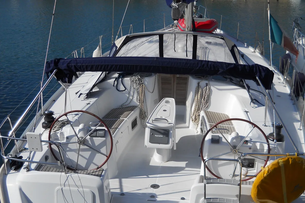 Cockpit of Galeodea, a Beneteau Cyclades 50.5 sailboat at Tonnarella, Italy