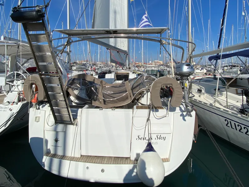 Exterior view of Sea and Sky, a Jeanneau Sun Odyssey 439 sailboat at Municipal Unit of Lefkada, Greece