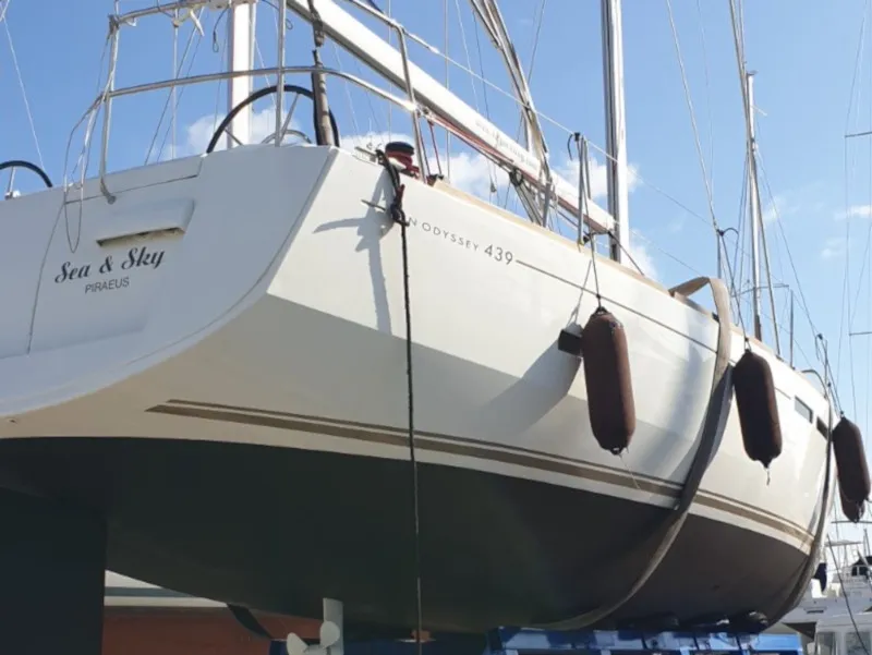 Exterior view of Sea and Sky, a Jeanneau Sun Odyssey 439 sailboat at Municipal Unit of Lefkada, Greece