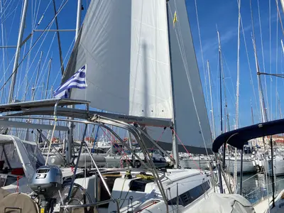Deck of Sea and Sky, a Jeanneau Sun Odyssey 439 sailboat at Municipal Unit of Lefkada, Greece