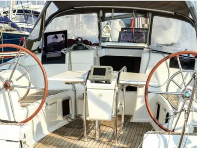 Cockpit of Sea and Sky, a Jeanneau Sun Odyssey 439 sailboat at Municipal Unit of Lefkada, Greece