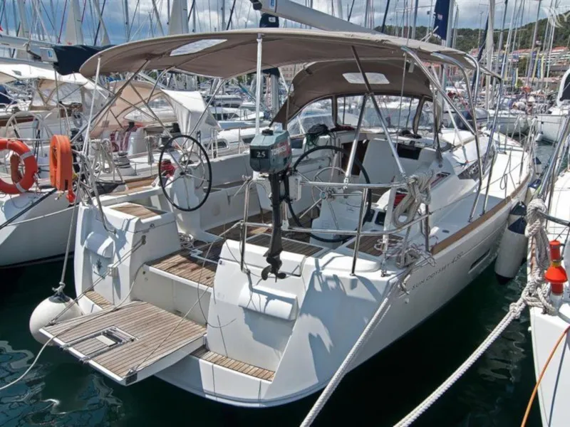 Exterior view of Sea and Sky, a Jeanneau Sun Odyssey 439 sailboat at Municipal Unit of Lefkada, Greece