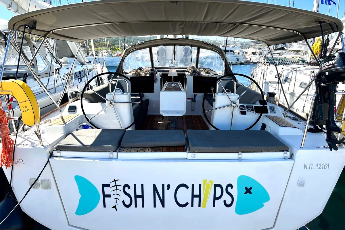 Exterior view of Fish N`Chips, a Dufour 460 Grand Large sailboat at Lavrion, Greece