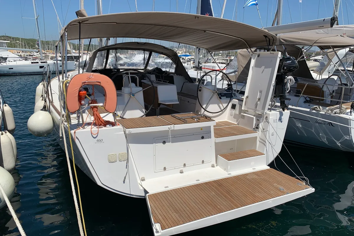 Exterior view of Fish N`Chips, a Dufour 460 Grand Large sailboat at Lavrion, Greece