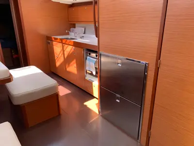 Galley of Fish N`Chips, a Dufour 460 Grand Large sailboat at Lavrion, Greece