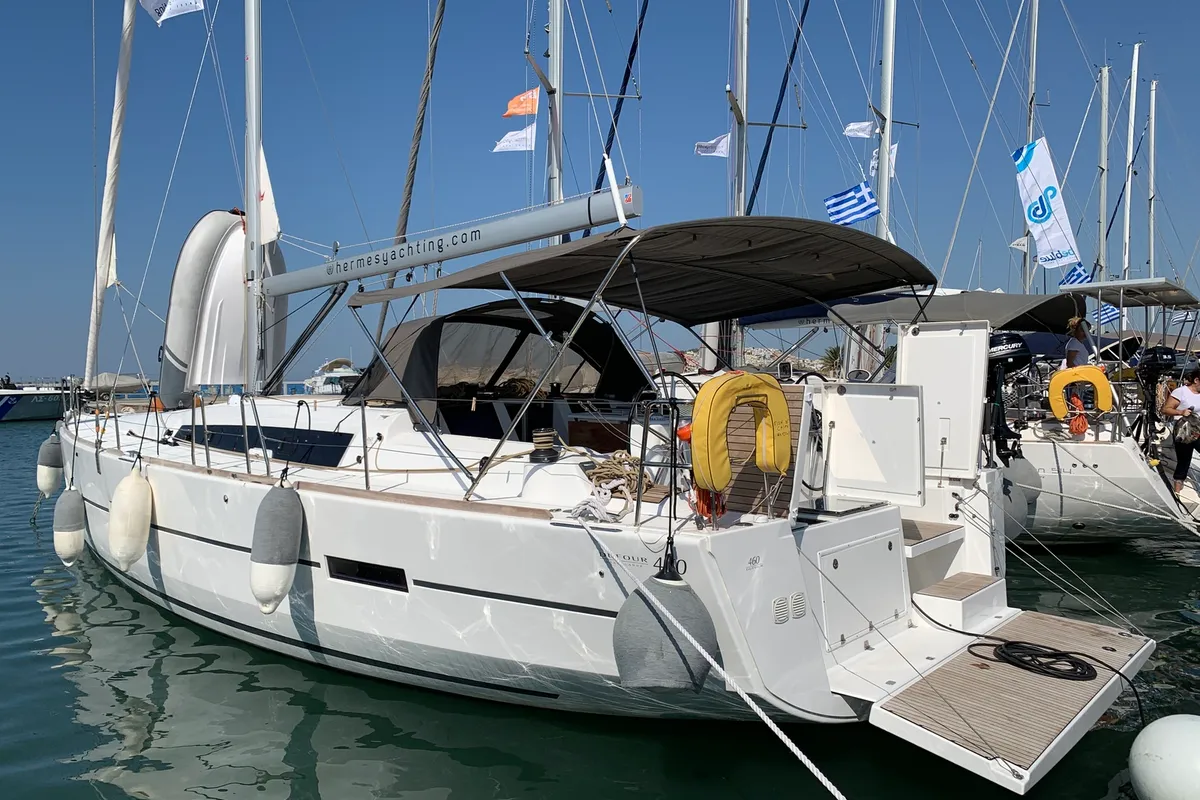 Exterior view of Fish N`Chips, a Dufour 460 Grand Large sailboat at Lavrion, Greece
