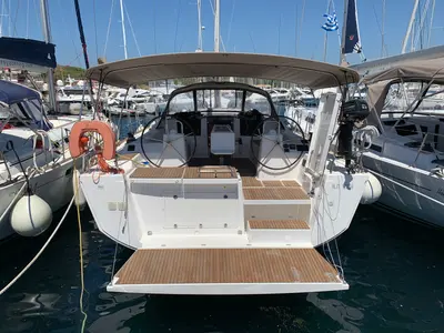 Cockpit of Fish N`Chips, a Dufour 460 Grand Large sailboat at Lavrion, Greece
