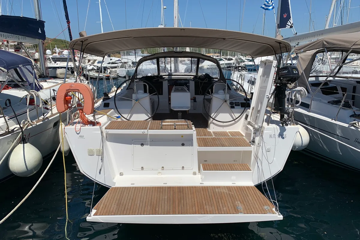 Cockpit of Fish N`Chips, a Dufour 460 Grand Large sailboat at Lavrion, Greece