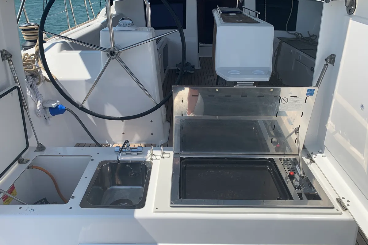 Deck of Fish N`Chips, a Dufour 460 Grand Large sailboat at Lavrion, Greece