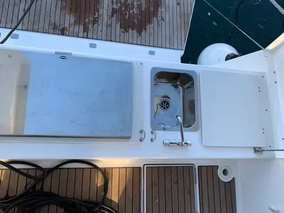 Deck of Fish N`Chips, a Dufour 460 Grand Large sailboat at Lavrion, Greece