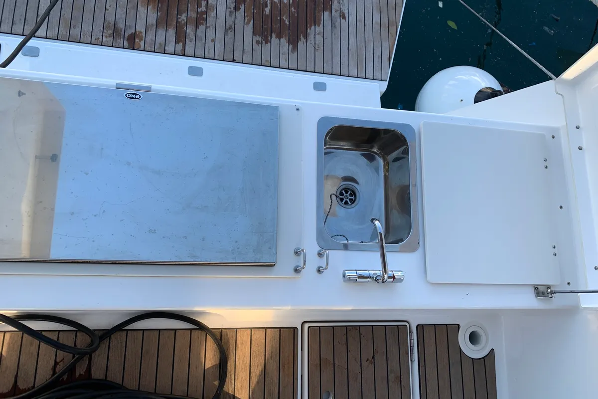 Deck of Fish N`Chips, a Dufour 460 Grand Large sailboat at Lavrion, Greece