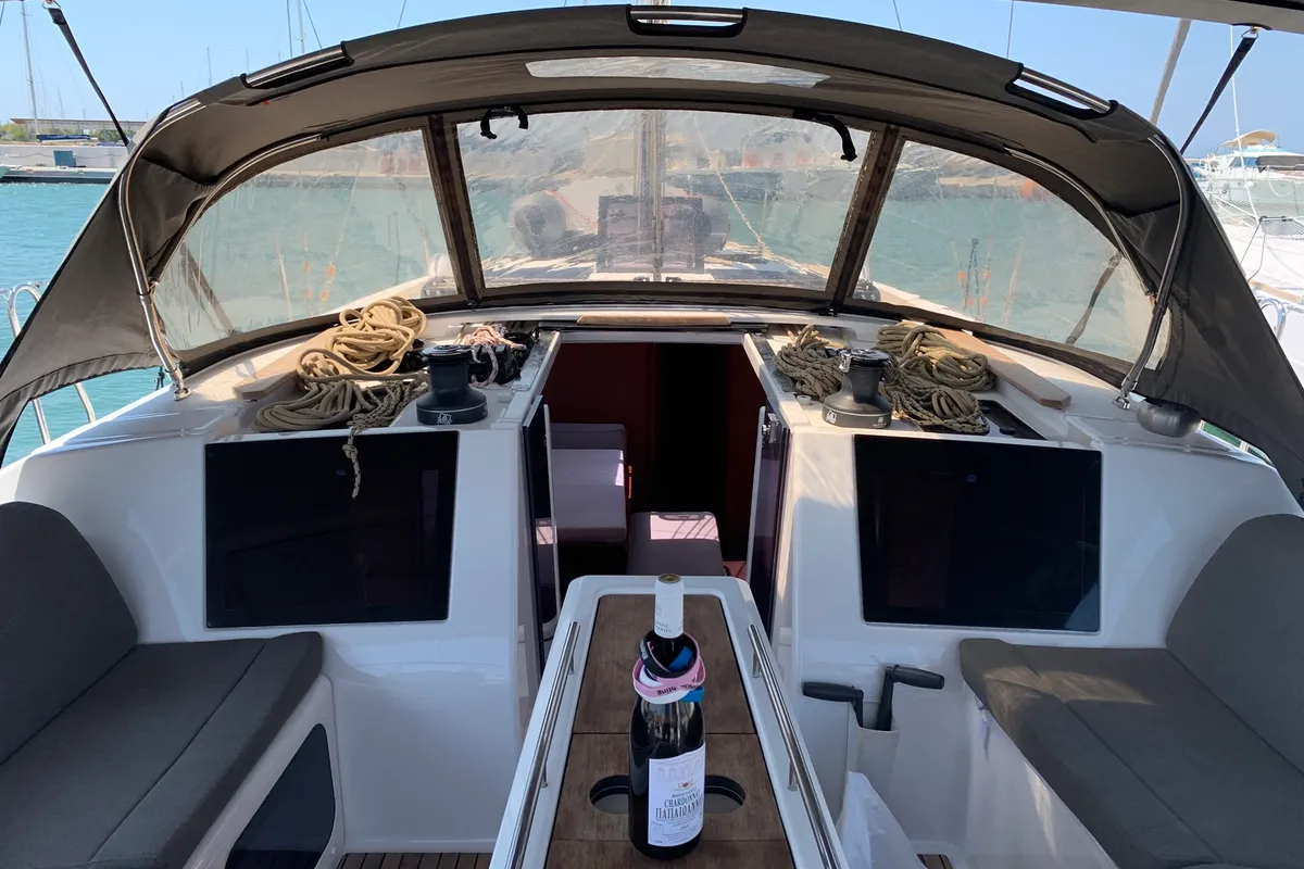Cockpit of Fish N`Chips, a Dufour 460 Grand Large sailboat at Lavrion, Greece