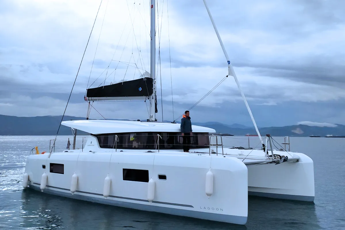 Exterior view of Athina, a Lagoon 42 catamaran at Kontokali, Greece