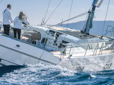 Cockpit of Alma Libre VIII (NEW 2022), a Bavaria C45 sailboat at Municipal Unit of Lefkada, Greece
