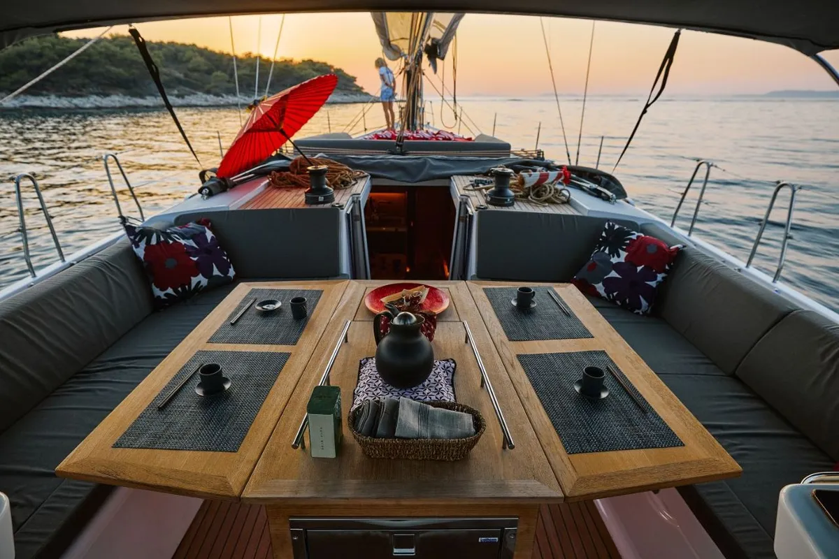 Deck of Kabuki - OW, a Dufour Exclusive 56 sailboat at Primošten, Croatia
