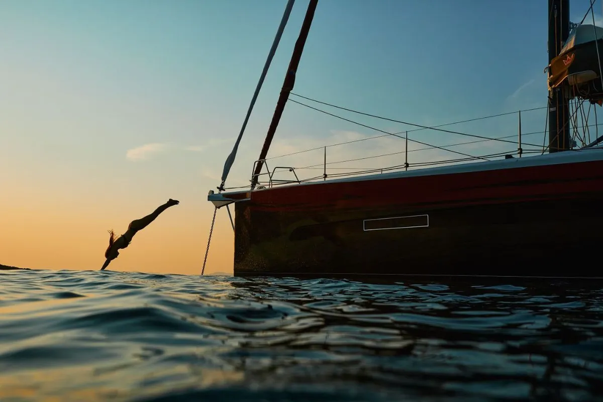 Exterior view of Kabuki - OW, a Dufour Exclusive 56 sailboat at Primošten, Croatia