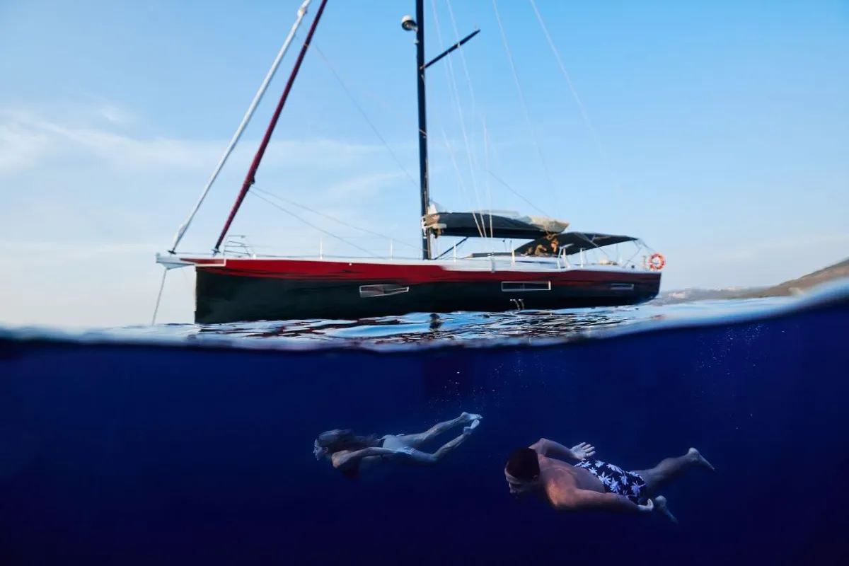 Exterior view of Kabuki - OW, a Dufour Exclusive 56 sailboat at Primošten, Croatia