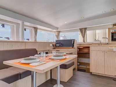 Salon of Orion VIII, a Lagoon 400 S2 catamaran at Skiathos, Greece