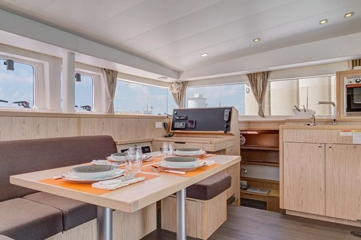 Salon of Orion VIII, a Lagoon 400 S2 catamaran at Skiathos, Greece