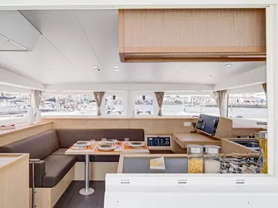 Salon of Orion VIII, a Lagoon 400 S2 catamaran at Skiathos, Greece