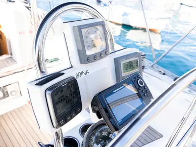 Cockpit of Brina, a Elan 333 sailboat at Grad Labin, Croatia