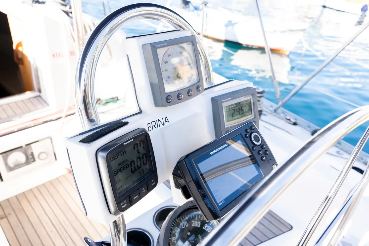 Cockpit of Brina, a Elan 333 sailboat at Grad Labin, Croatia