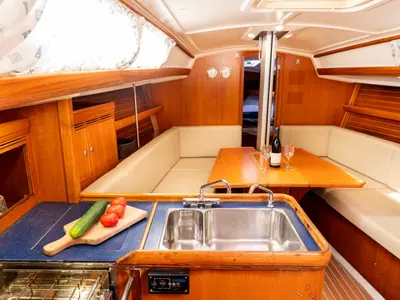 Galley of Brina, a Elan 333 sailboat at Grad Labin, Croatia