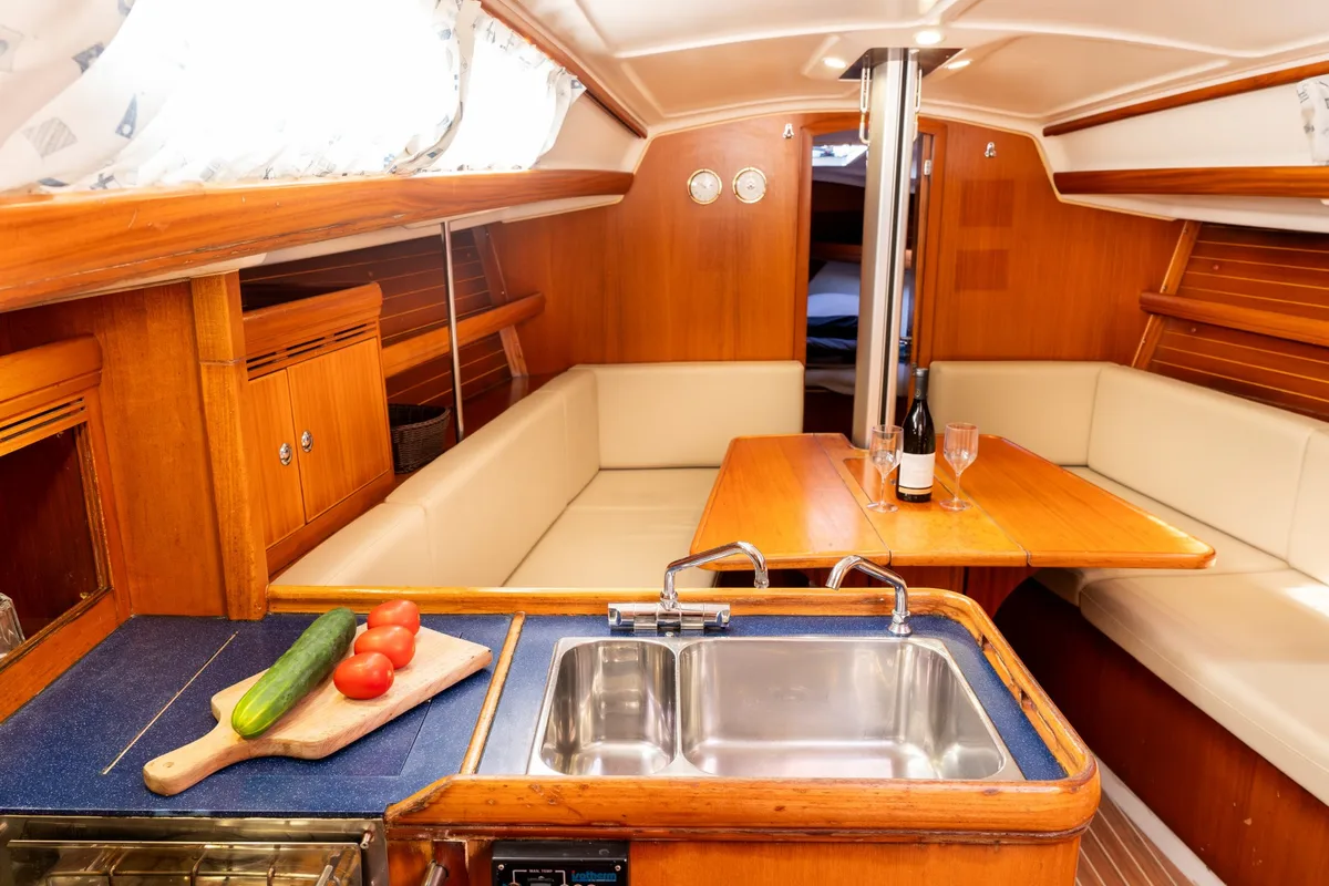Galley of Brina, a Elan 333 sailboat at Grad Labin, Croatia